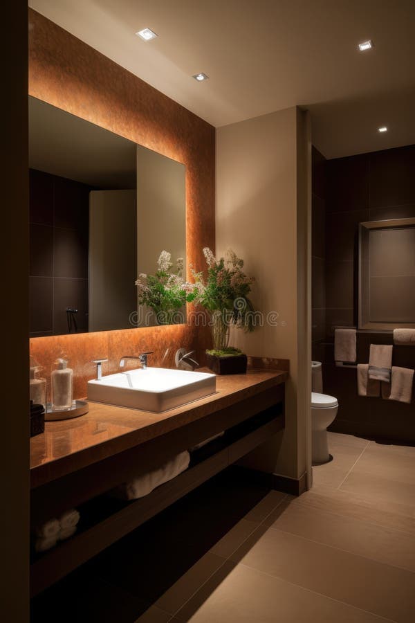 Modern Bathroom with Mirror and Lights, Created Using Generative Ai