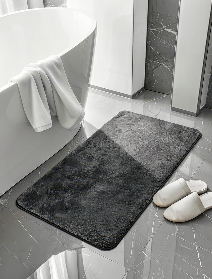 A Modern Bathroom Oasis with a Plush Black Bath Mat and White Slippers ...