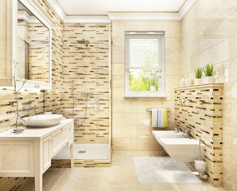 Modern Bright Bathroom with Shower and Window Stock Image Image of