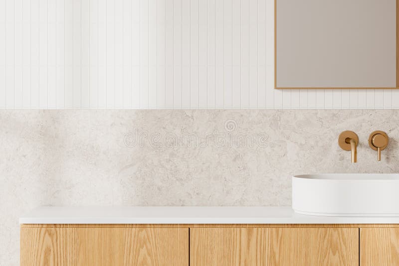 Modern bathroom with wooden cabinets and countertop, light background, minimalistic interior design concept. stock illustration