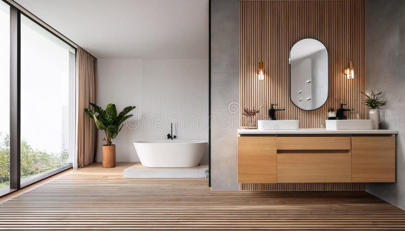 Modern bathroom with wooden cabinets and countertop, light background, minimalistic interior design concept. 3D Rendering royalty free illustration