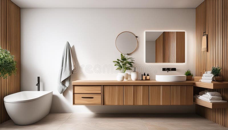 Modern bathroom with wooden cabinets and countertop, light background, minimalistic interior design concept. 3D Rendering vector illustration
