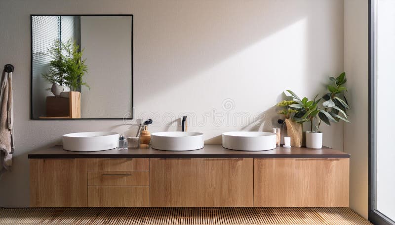 Modern bathroom with wooden cabinets and countertop, light background, minimalistic interior design concept. 3D Rendering stock illustration