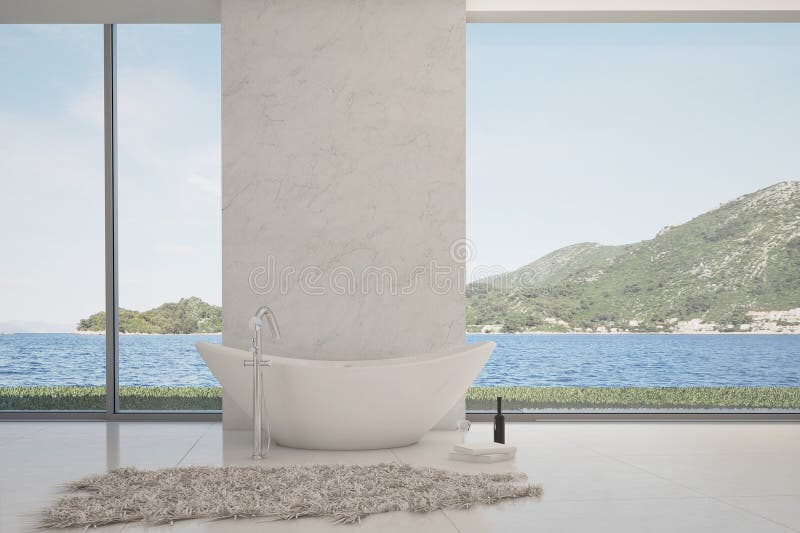 A 3d rendering of modern bathtub against large window. A 3d rendering of modern bathtub against large window