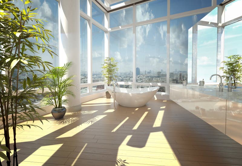 A 3d rendering of modern bathtub against large windows