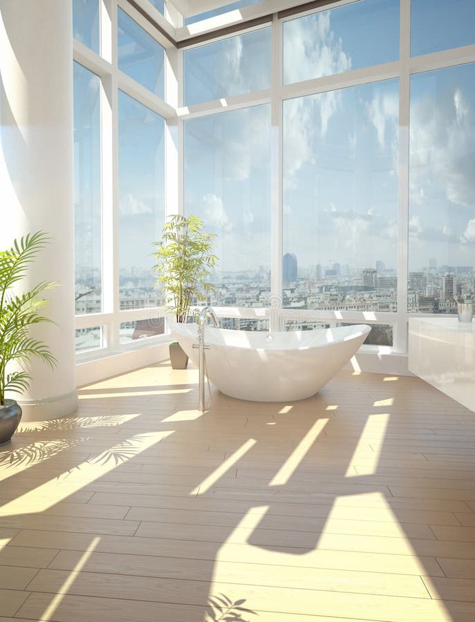 A 3d rendering of modern bathtub against large windows