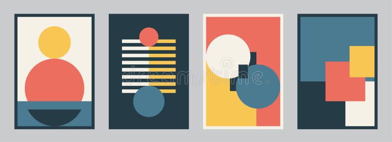 Modern bauhaus design set vector background. Simple pattern in trendy flat style with yellow, blue, red, white and black stock illustration