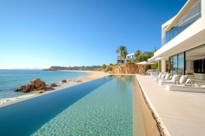 Modern Beachfront House with Pool on Ocean Shore. Stock Image Image