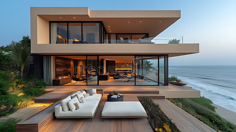 Modern beachfront mansion sunset ocean view luxury real estate vector illustration