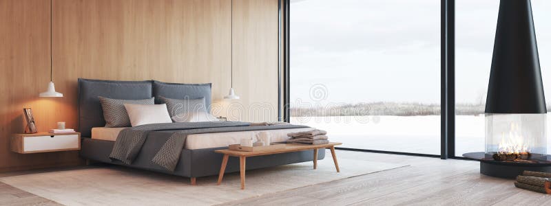 Modern bedroom in a apartment with view. 3d rendering royalty free illustration Modern bedroom in a apartment with view. 3d rendering royalty free illustration
