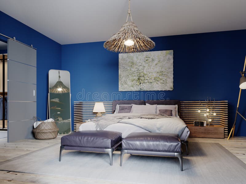 Modern Bedroom In Boho Design, With Blue Walls And Loft Furniture Stock