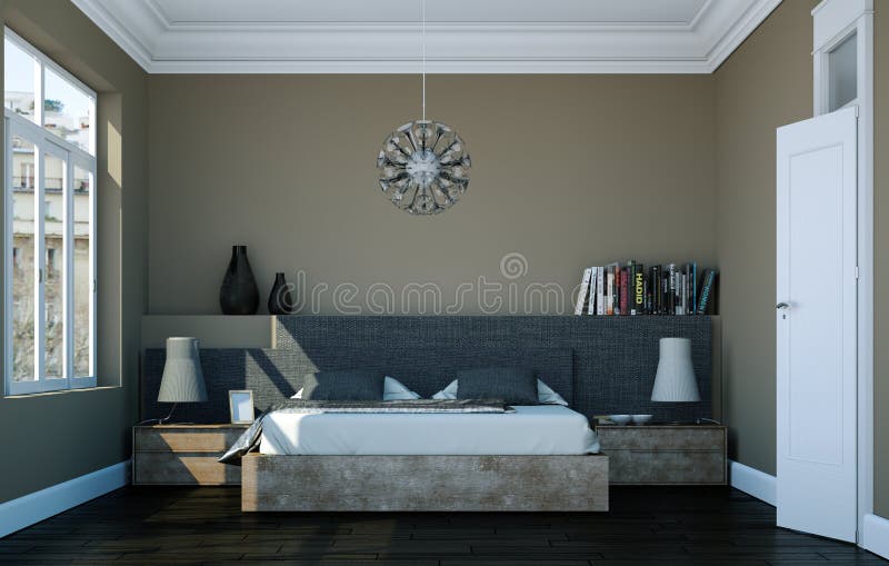 Modern Bedroom with Brown Wall and Modern Decor Stock Illustration