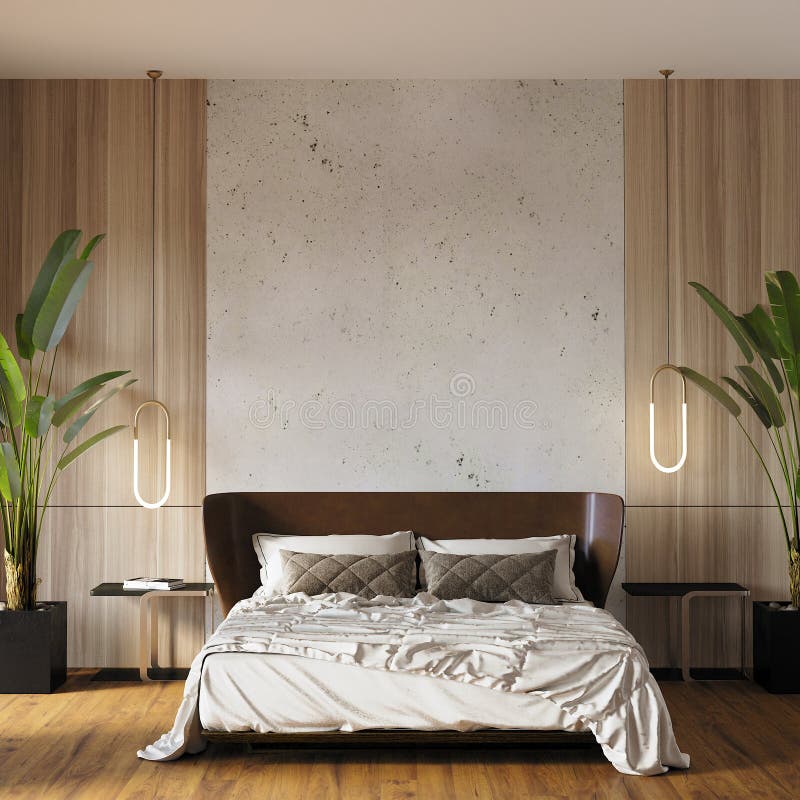 Modern bedroom design with pillows  green plants and lamps in front of the wooden and concrete wall  interior wall mockup