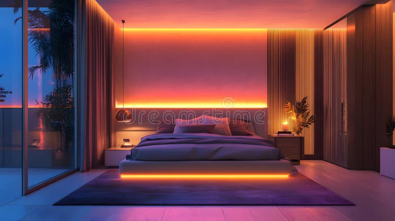 Modern bedroom with led lighting and balcony view, royalty free illustration.