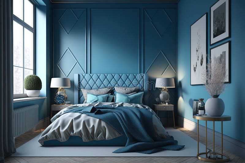 A Modern Bedroom Interior in Blue Color Stock Illustration Illustration of sleep, light 271424809