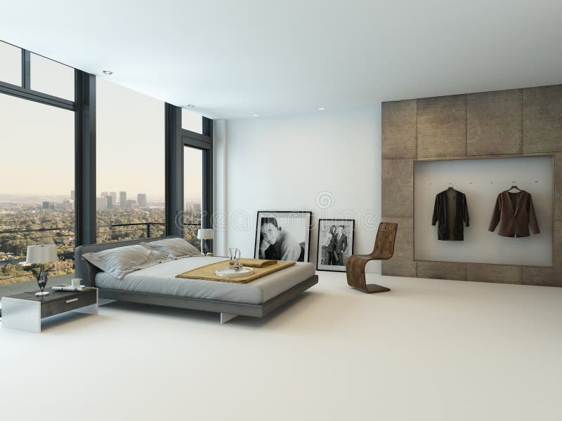 Modern bedroom interior with huge windows royalty free stock photo Modern bedroom interior with huge windows royalty free stock photo