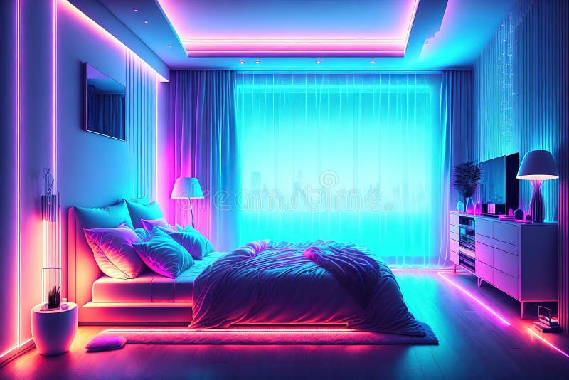 Modern Bedroom Interior with Neon Lights by AI Generated Stock