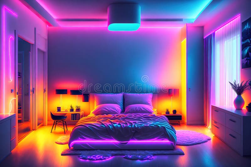 Modern Bedroom Interior with Neon Lights by AI Generated Stock Illustration Illustration of