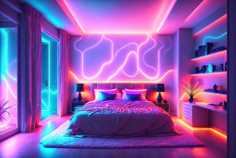 Modern Bedroom Interior with Neon Lights by AI Generated Stock