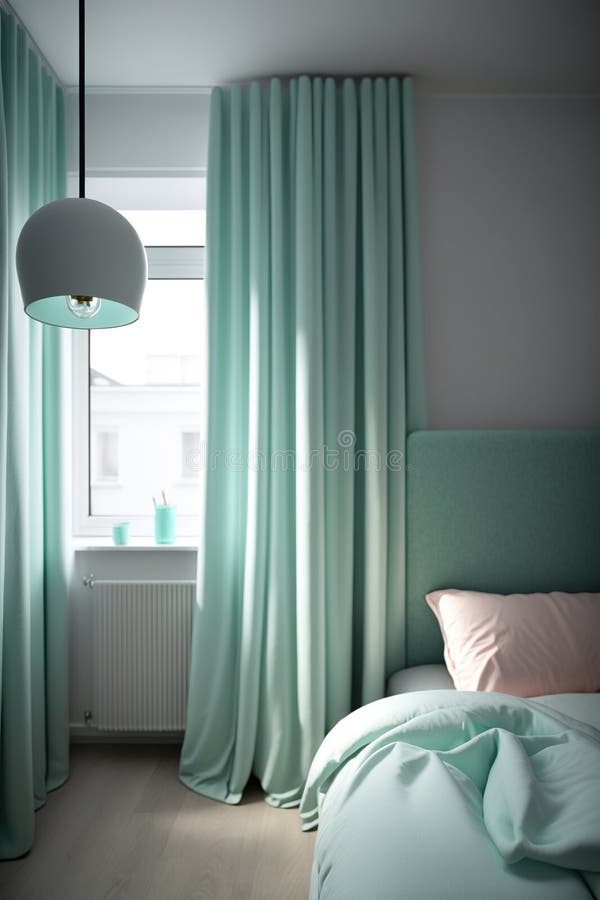 Modern Bedroom with Mint Green Curtains. Generative AI Stock