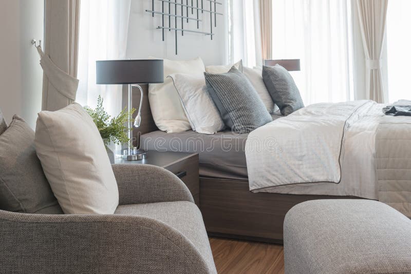 Modern Bedroom with Modern Lamp Style on Wooden Table Stock Photo