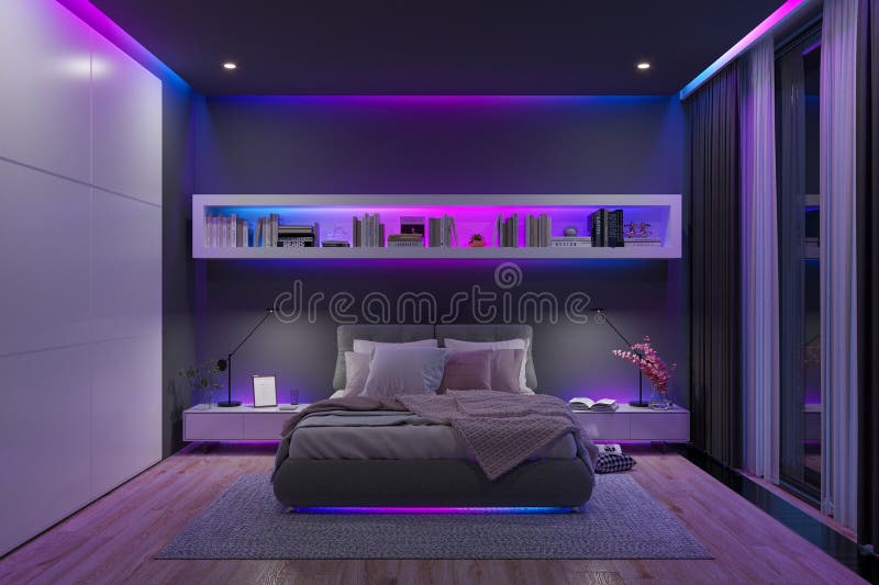 Modern bedroom with a multicolored led strip lights by nigh. 3D illustration