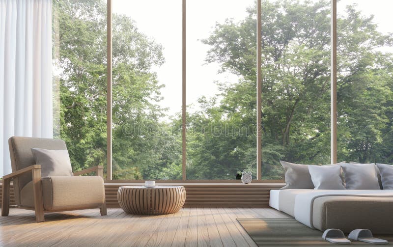 Modern bedroom with nature view 3d rendering Image stock illustration
