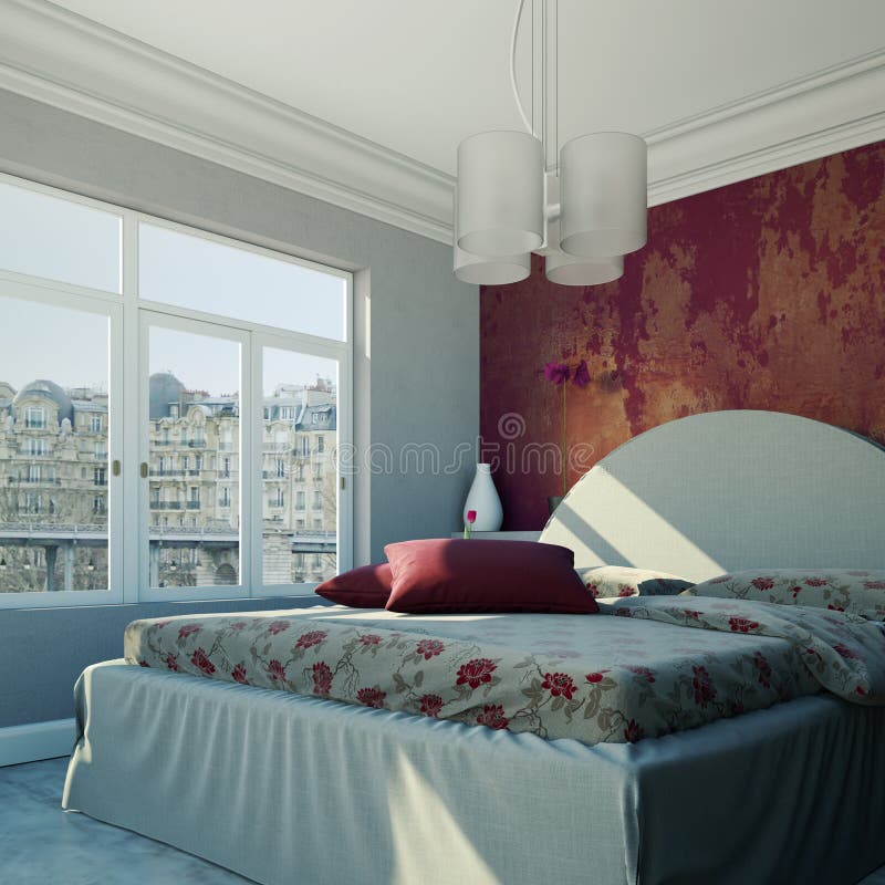 Modern Bedroom with Red Wall and Modern Decor Stock Illustration