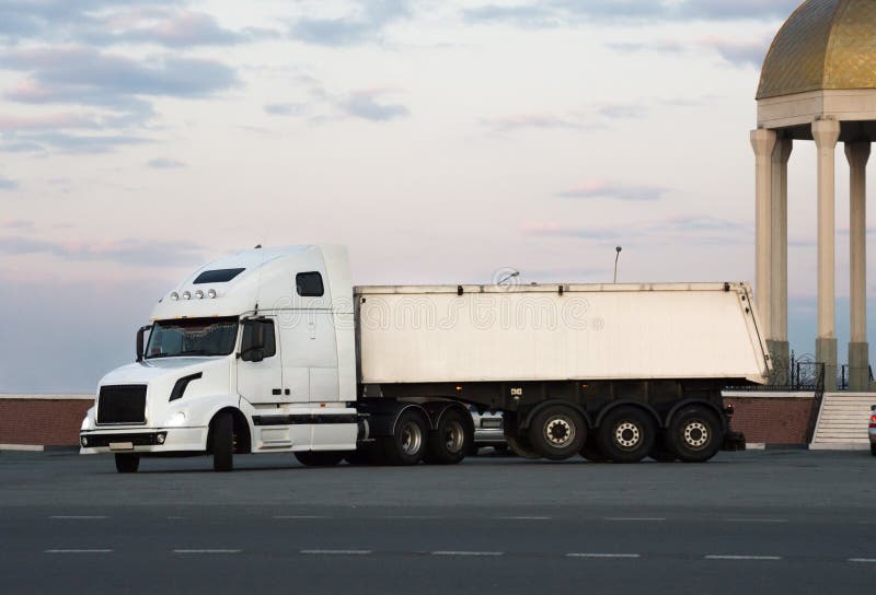 A Modern Big Rig Semi Truck Turns On Highway Stock Image Image Of
