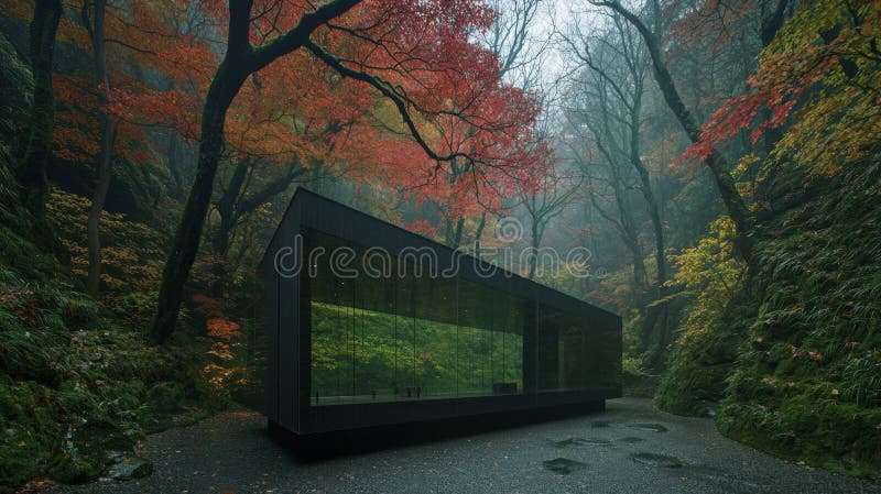 A modern black building with a glass wall in the middle of a forest. The image depicts a serene forest scene with a modern, black, rectangular building with a glass facade nestled among the trees. The building is situated on a gravel path that winds through the forest, surrounded by a variety of trees with vibrant red, orange, and yellow leaves, creating a beautiful autumnal atmosphere. The forest is dense, with trees reaching up to the sky, and the overall color palette is dominated by shades of green, red, and black. The building s glass facade reflects the surrounding trees and sky, adding to the tranquil ambiance of the scene. AI generated