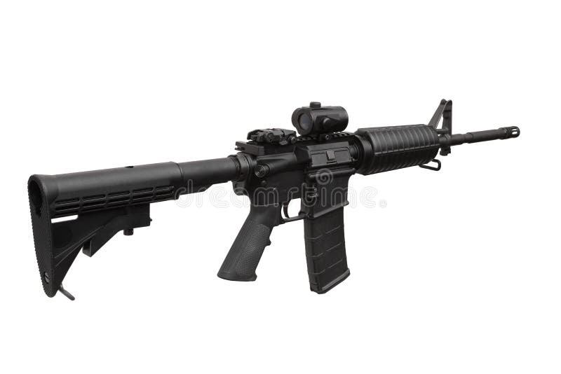 Modern black carbine with a collimator sight isolated on white stock photo