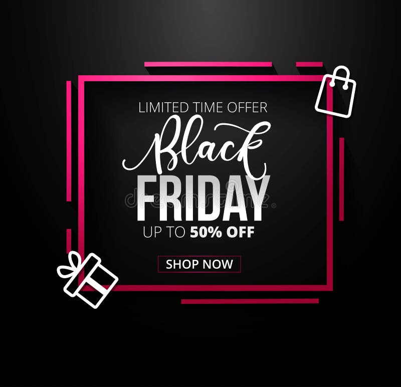 Modern Black friday banner design template with icons and lettering on black background royalty free illustration Modern Black friday banner design template with icons and lettering on black background royalty free illustration