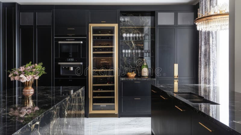 Modern Black Kitchen with Gold Accents and Wine Cellar Stock ...