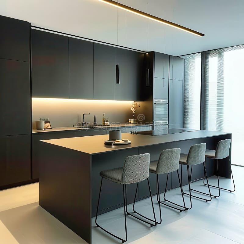 Modern Black Kitchen Island with Pendant Lights Stock Image Image of