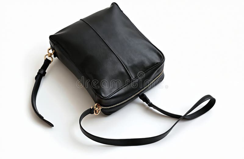 Modern black leather bag with gold hardware sits on a clean white surface. This chic accessory offers space for essentials stock photo