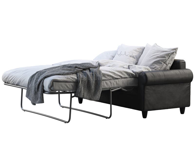 Modern Black Leather Sofabed with Bed Linen and Plaid. 3d Render Stock Illustration