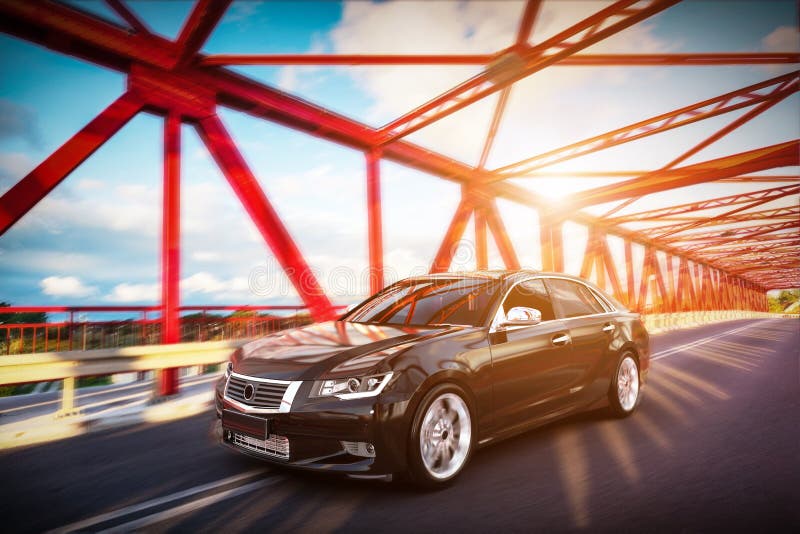 Modern black metallic sedan car on the bridge road. Generic desing, brandless. royalty free illustration Modern black metallic sedan car on the bridge road. Generic desing, brandless. royalty free illustration