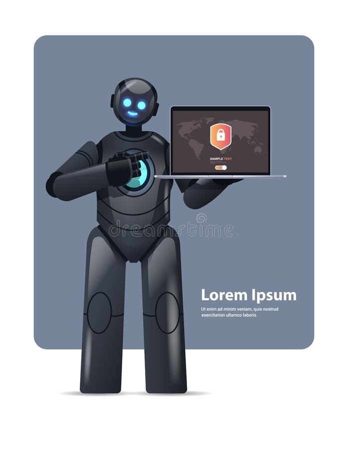 Modern black robot cyborg holding laptop with protection shield cyber security data protection artificial intelligence stock illustration