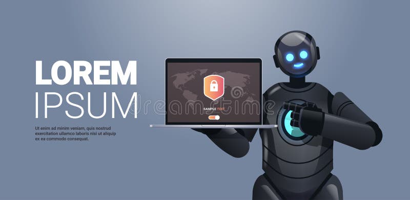 Modern black robot cyborg holding laptop with protection shield cyber security data protection artificial intelligence vector illustration