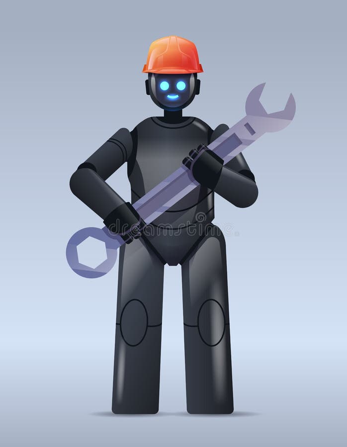 Modern black robot in helmet holding wrench repair service artificial intelligence concept vertical royalty free illustration