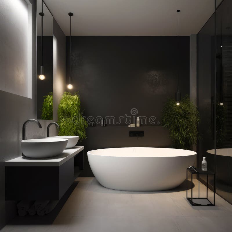 Modern Black and White Bathroom Interior with Freestanding . Stock
