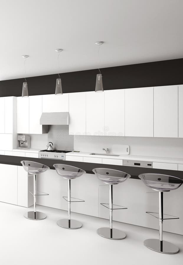 Modern Black and White Kitchen with Bar Stools Stock Illustration
