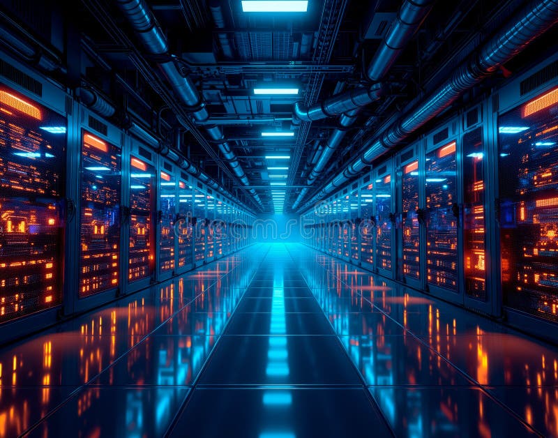 Modern blockchain server room with glowing racks. Endless rows of blinking servers and cooling fans in a data center vector illustration