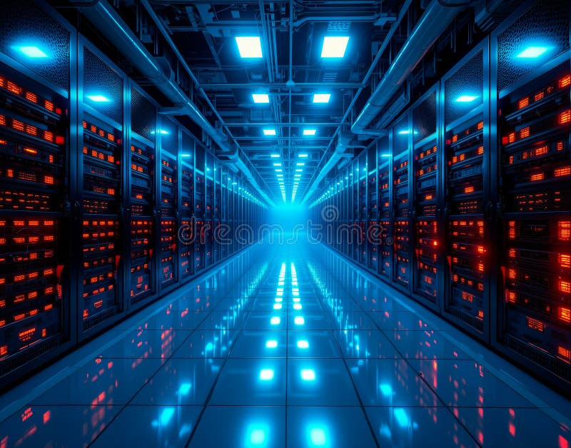 Modern blockchain server room with glowing racks. Endless rows of blinking servers and cooling fans in a data center stock illustration
