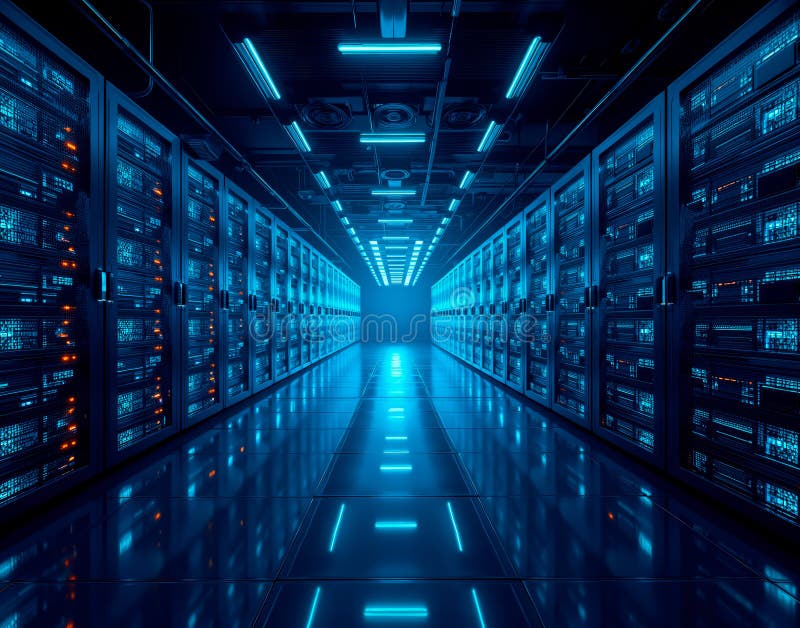 Modern blockchain server room with glowing racks. Endless rows of blinking servers and cooling fans in a data center vector illustration