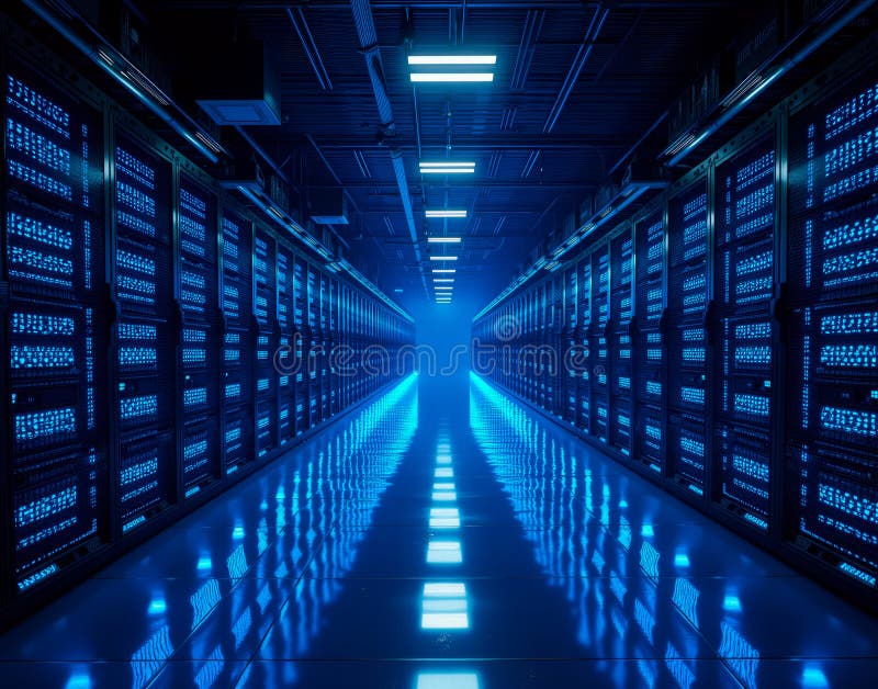 Modern blockchain server room with glowing racks. Endless rows of blinking servers and cooling fans in a data center stock illustration