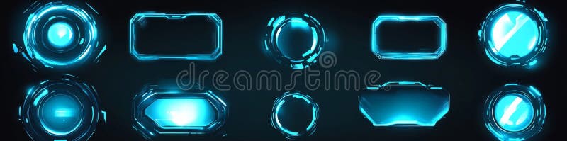 A modern blue frame with neon-lit tech features against a black background, showcasing different geometric shapes such royalty free stock image