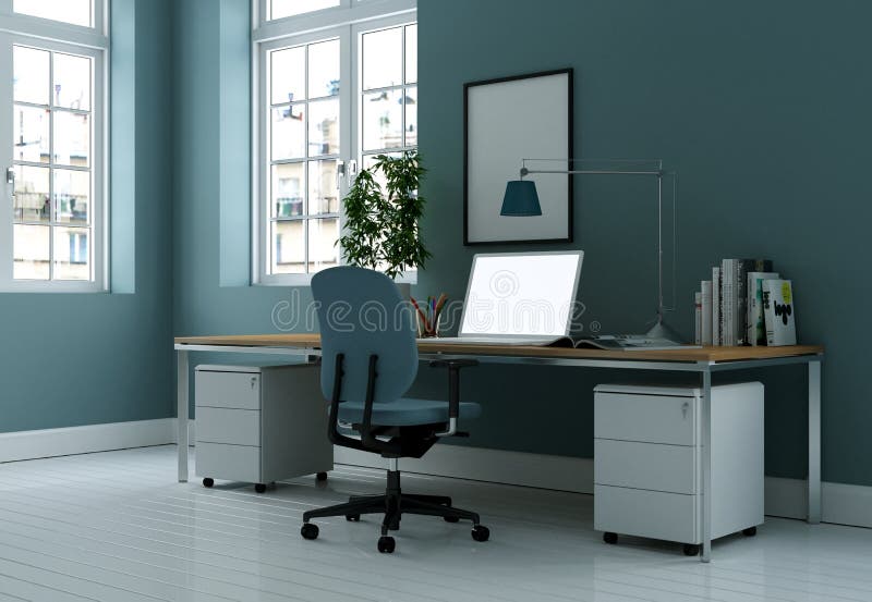 Modern Blue Home Office Interior Design 3d Rendering Stock Photo