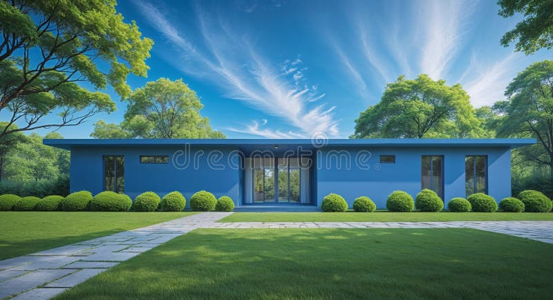 Modern blue house with a spacious front yard and stone pathway surrounded by trees under clear blue sky Copy Space. Ai pathway stock images, royalty-free photos and pictures