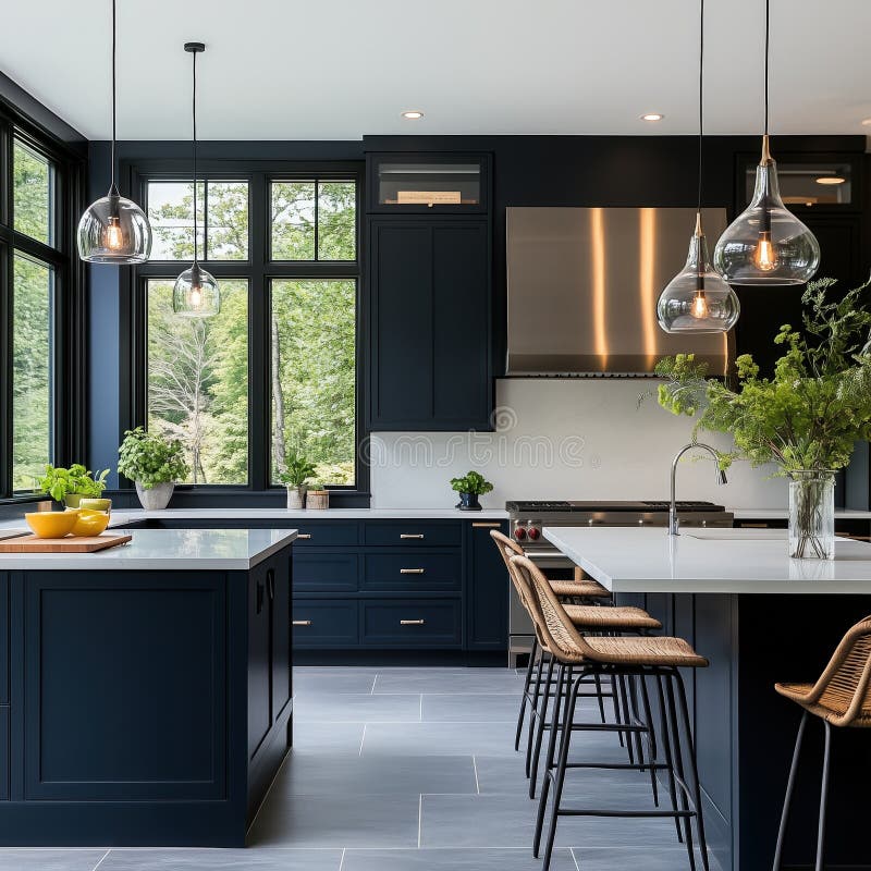 Modern Blue Kitchen Design with Island and Pendant Lights Illuminating